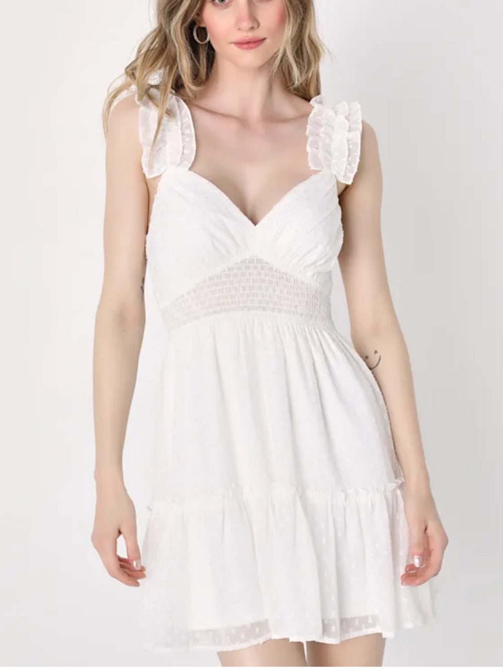 NWT Soft Simplicity White Clip Dot Ruffled Smocked Mini Dress Beach size XL